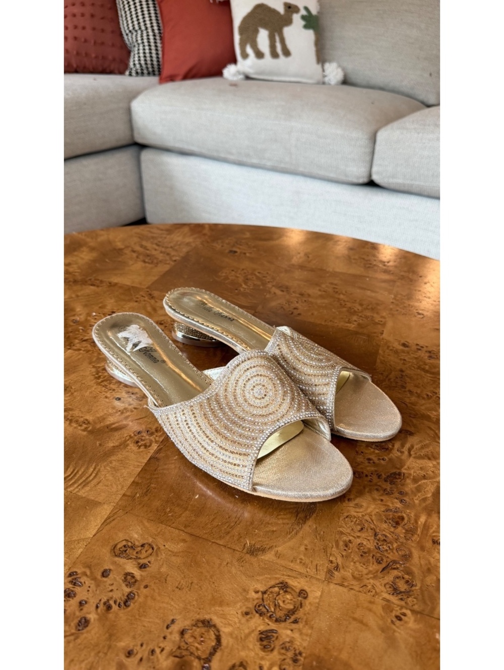 Beaded Gold Open-Toe Slip-On Heels Size 11